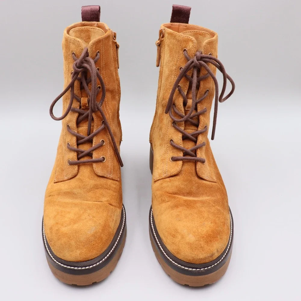 Tory Burch Women's Miller Lug Sole Combat Boots Size 10M US Tan Suede Lace Up